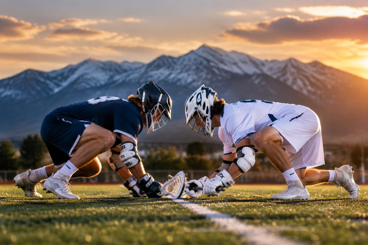 High school lacrosse players at a faceoff