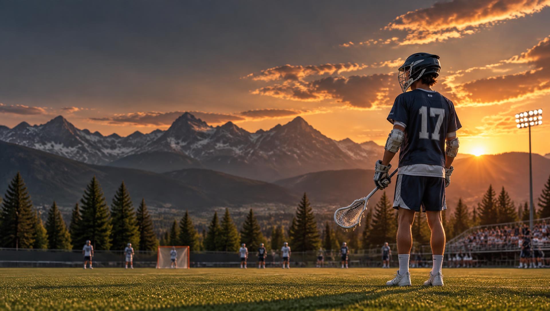 Lacrosse player overlooking a Utah mountain field at sunset